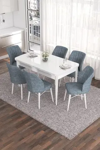 Jedálenské sety Extendable Dining Table & Chairs Set (7 Pieces) Eva - White, Grey