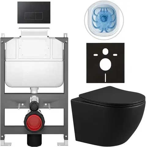 Záchody CERANO - Kompletný WC set Basic/Cesso - čierna matná - WC tlačidlo Modulo/Čierna - ovládanie zhora - predstenová inštalácia - 49x36 CER-8050BD86365