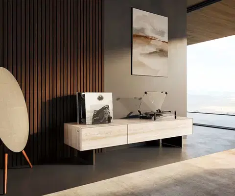 Televízne stolíky DELIFE TV stolík Cuor 150 cm keramika Laminam® Travertino Bianco krémovo biela 1 výklopné dvierka 1 zásuvka podstava závesná kov čierna