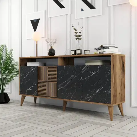 Komody Konzolový stolík Milan 160 - Walnut, Black Marble