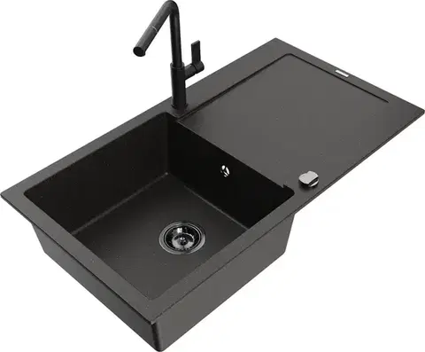 Kuchynské drezy MEXEN/S MEXEN/S - Leo granitový drez 1 s odkvapkávačom vrátane batérie Flora, čierna/zlatá metalik 6501-75-670401-70-B