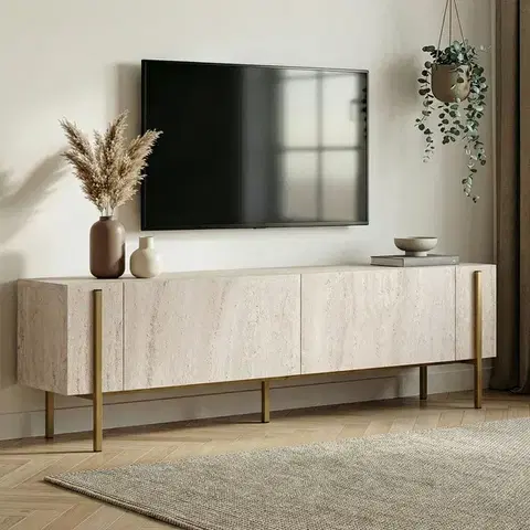 TV stolíky SUXES TV stolík na nožičkách, traventín/zlatá
