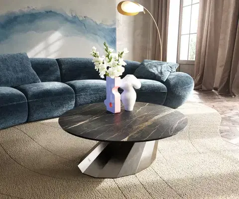 Konferenčné stolíky DELIFE Konferenčný stolík Edge okrúhly 90x90 cm keramika Laminam® Noir Desir hnedá parabi nerezová oceľ kefovaná