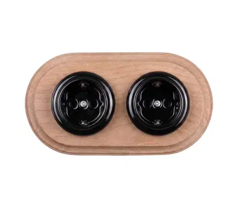 Predlžovacie káble Elhard - Dvojitá keramická retro domová zásuvka s rámom SCHUKO 230V čierna/drevo EF0096+2xEF0105