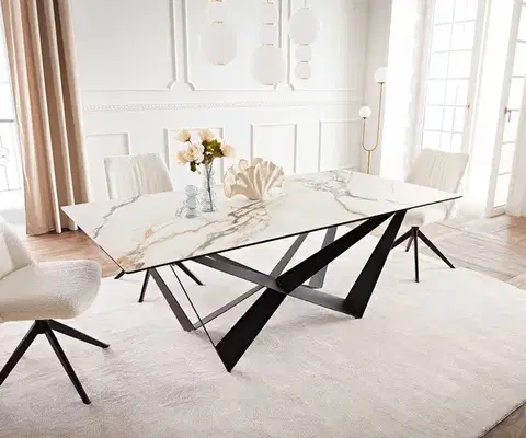 Jedálenské stoly DELIFE Jedálenský stôl Edge 200x100 keramika Calacatta Luxe bielo-zlato-šedá Spider plochá oceľ čierna