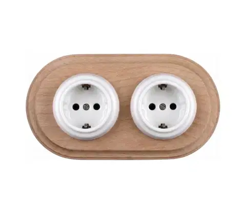 Predlžovacie káble Elhard - Dvojitá keramická retro domová zásuvka s rámom SCHUKO 230V biela/drevo EF0096+2xEF0087