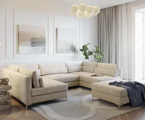 Sedacie súpravy XL DELIFE Pohovka v tvare U Elio 300x185 cm manšester béžová s taburetom