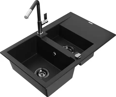 Kuchynské drezy MEXEN/S MEXEN/S - Gaspar granitový drez 1.5 s odkvapkávačom vrátane batérie Flora, čierna 6507-77-670401-07-B