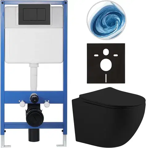 Záchody CERANO - Kompletný podomietkový WC set Lite/Cesso - čierna matná - WC tlačidlo Classic, čierne matné - predstenová inštalácia / sadrokartón - 49x36 CER-8050BD105