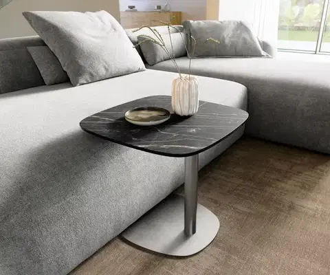 Odkládací stolky DELIFE Konferenčný stolík Edge zaoblený 50x50 cm keramika Laminam® Noir Desir hnedá Eleny nerezová oceľ kefovaná