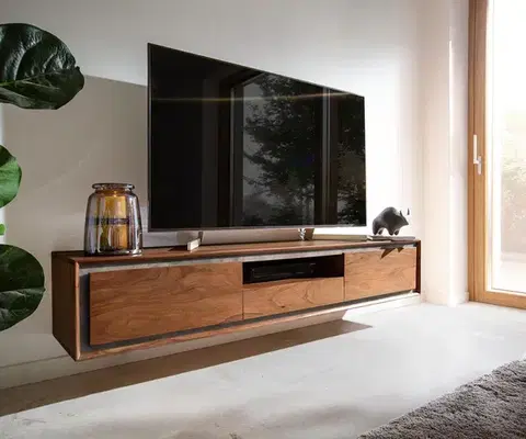 Televízne stolíky DELIFE TV stolík Stonegrace 175 cm akácia hnedá kamenná dyha 2 dvierka 1 zásuvka 1 priehradka závesný