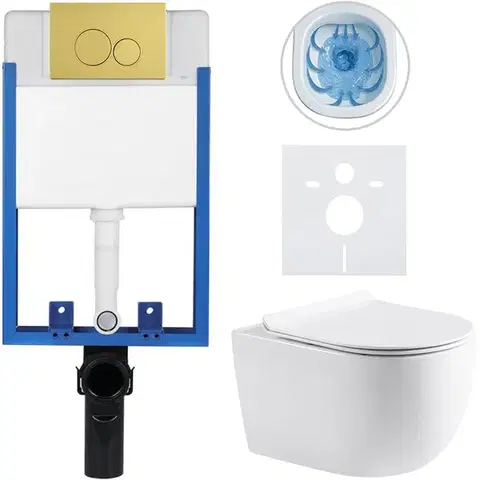 Záchody CERANO - Kompletný WC set Profi/Felci - biela lesklá - WC tlačidlo Duo/Zlatá - na zamurovanie - 52,5x36 CER-8050BD84320