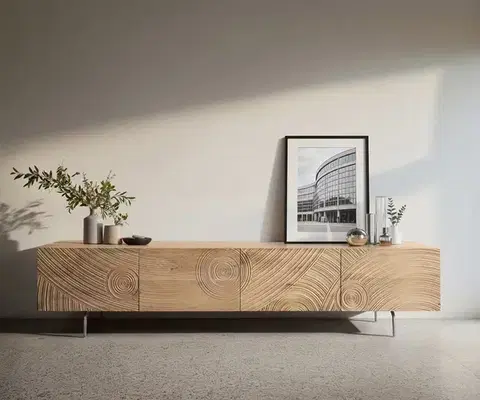 Televízne stolíky DELIFE TV stolík Ashara 220 cm dub prírodná 3D efekt 4 dvierka podstava v tvare L nerezová oceľ kefovaná