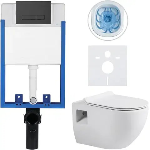 Záchody CERANO - Kompletný podomietkový WC set Lite/Dure - biela lesklá - WC tlačidlo Slim, čierne matné - na zamurovanie - 51x35 CER-665881