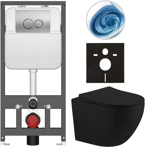 Záchody CERANO - Kompletný WC set Basic/Cesso - čierna matná - WC tlačidlo Dualo/Strieborná - závesné - predstenová inštalácia - 49x36 CER-8050BD86208