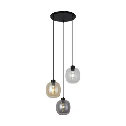 Závesné svietidlá Závesná lampa čierna s jantárovým, dymovým a čírym sklom 3-Lights - Elena