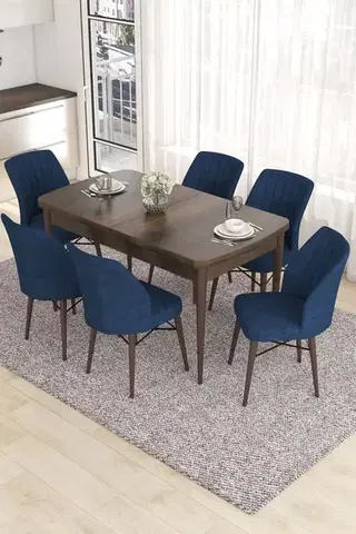 Jedálenské sety Extendable Dining Table & Chairs Set (7 Pieces) Eva - Baroque, Navy Blue