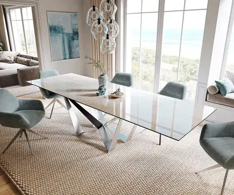 Jedálenské stoly DELIFE Jedálenský stôl Edge 200-300×100 cm keramika onyx šampanské spider plochá oceľ nerezová oceľ rozkladací