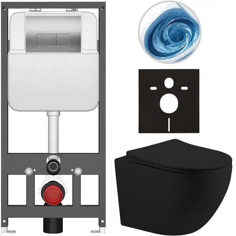 Záchody CERANO - Kompletný WC set Basic/Cesso - čierna matná - WC tlačidlo Modulo/Strieborná - závesné - predstenová inštalácia - 49x36 CER-8050BD86238