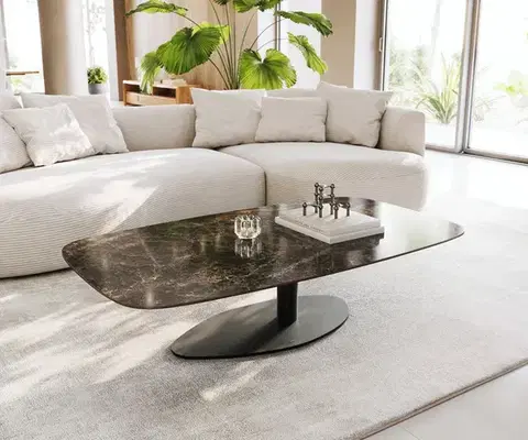 Konferenčné stolíky DELIFE Konferenčný stolík Edge zaoblený 140x80 cm keramika Laminam® Emperador Extra Lucidato tmavohnedá Vibany kov čierna
