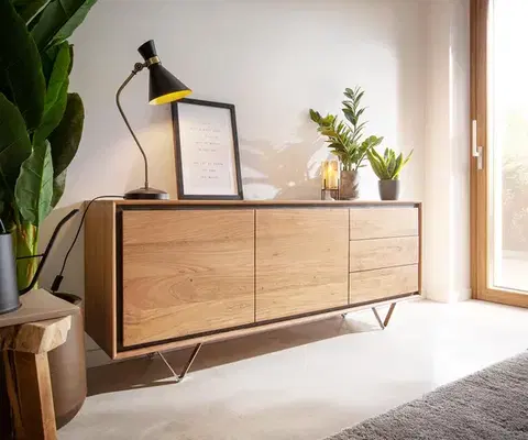 Komody DELIFE Komoda Stonegrace 175 cm akácia prírodná 2 dvierka 3 zásuvky kamenná dyha podstava v tvare V