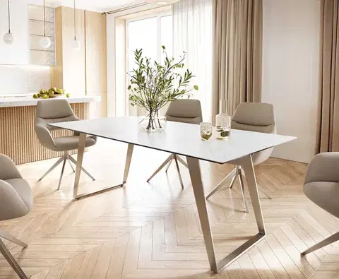 Jedálenské stoly DELIFE Jedálenský stôl Edge 200x100 keramika Laminam® Statuarietto biela nerezová oceľ šikmý