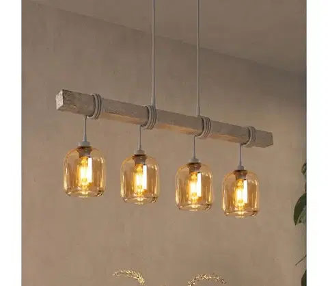 Svietidlá BRILAGI - Luster na lanku WOOD GLASS 4xE27/60W/230V borovica/sivá/dymovo-hnedá EG49927A+4xNSTK7765