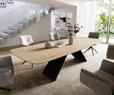 Jedálenské stoly DELIFE Jedálenský stôl Edge zaoblený 300×120 cm keramika Laminam® sabbia v dubovej farbe podstava v tvare V plochá oceľ čierna
