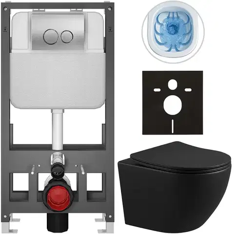 Záchody CERANO - Kompletný WC set Basic/Cesso - čierna matná - WC tlačidlo Dualo/Strieborná - voľne stojaca - predstenová inštalácia - 49x36 CER-8050BD86342