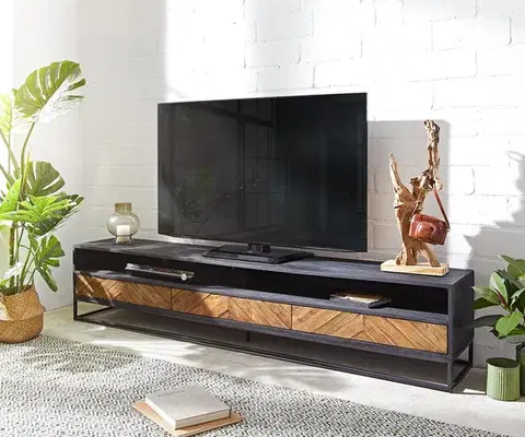 Televízne stolíky DELIFE TV stolík Famke 200 cm mango teak 2 priehradky 3 zásuvky