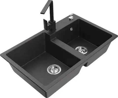 Kuchynské drezy MEXEN/S MEXEN/S - Tomas granitový drez 2-bowl vrátane batérie Rita, čierna kropenatá 6516-76-670300-76