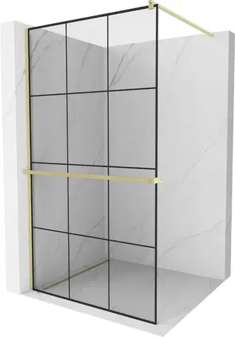 Sprchové dvere MEXEN/S - Kioto+ Sprchová zástena WALK-IN s poličkou a držiakom uterákov 100 x 200, čierny vzor, zlatá kartáčovaná 800-100-121-55-77