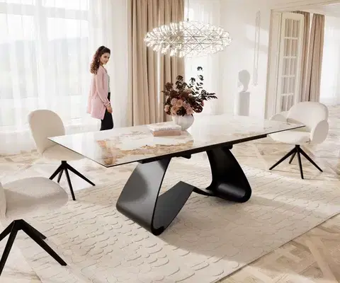 Jedálenské stoly DELIFE Jedálenský stôl Edge 180-220x100 keramika Minas melange bielo-béžová podstava v tvare W čierna rozkladací