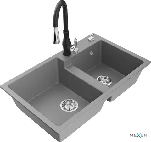 Kuchynské drezy MEXEN/S MEXEN/S - Tomas granitový drez 2-bowl vrátane batérie Savita, šedá 6516-71-672601-70
