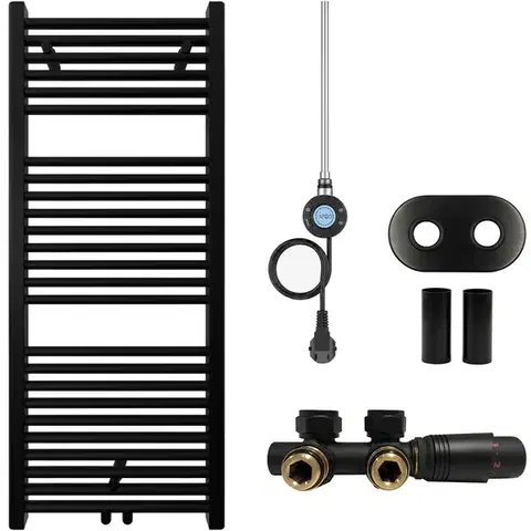 Doplnky do kúpeľne CERANO - Kúpeľňový radiátorový set Lincoln - kombinované vykurovanie, wifi tyč - stredové pripojenie 50 mm - 300W - čierna matná - 1200x500 mm CER-663391