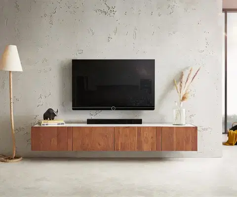 Televízne stolíky DELIFE TV stolík Secara 200 cm akácia hnedá 4 dvierka mramor závesný