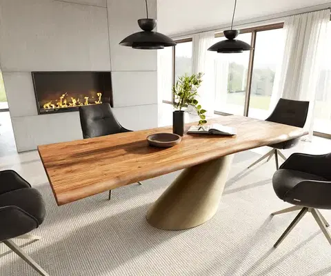 Jedálenské stoly DELIFE Jedálenský stôl Edge 240x100 akácia prírodná kužeľový kov metalická zlatá Live-Edge