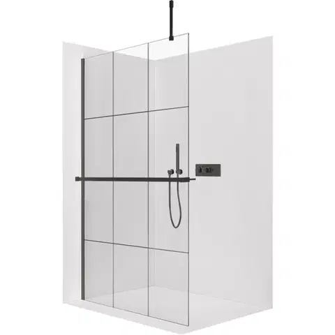 Držadlá k vani CERANO - Sprchová zástěna Walk-in Onyx Top Cube L/P - 8 mm - hranatá vzpěra + polička/držák na ručníky - černá matná, industriální sklo - 160x200  CER-8050BD7117