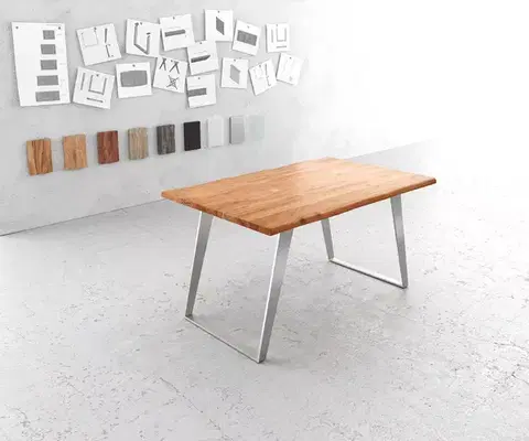 Jedálenské stoly DELIFE Jedálenský stôl Edge 140x90 cm akácia prírodná nerezová oceľ strieborná skosený Live-Edge