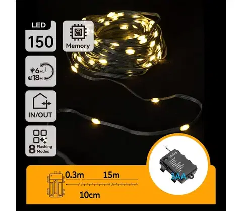 LED osvetlenie  B.V.  -LED Vonkajší  reťaz 150xLED/8 funkcií 3xAA 15,3m IP44 teplá biela B10303K1K