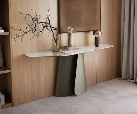 Konzolové stolíky DELIFE Konzolový stolík Edge polygonálny 180×50 cm keramika Minas melange bielo-béžová Livos kov titánová farba