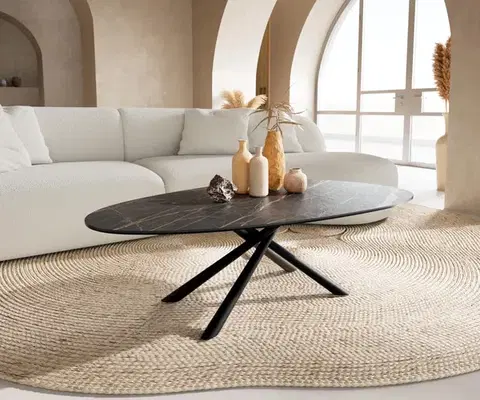 Konferenčné stolíky DELIFE Konferenčný stolík Edge oválny 140x75 cm keramika Laminam® Noir Desir hnedá Sarity kov čierna