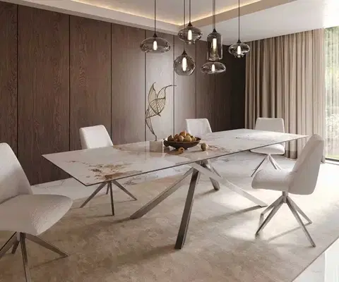 Jedálenské stoly DELIFE Jedálenský stôl Edge 300x100 keramika Minas Melange bielo-béžová krížová podstava hranatý nerezová oceľ
