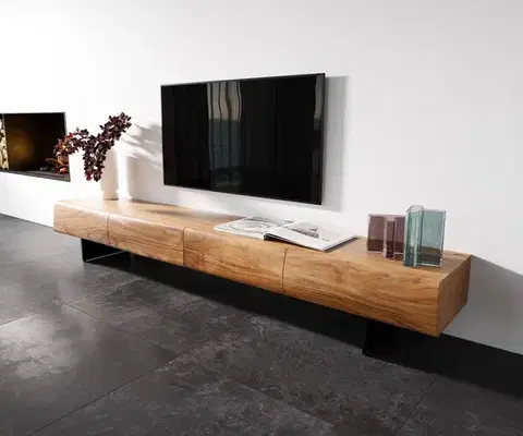 Televízne stolíky DELIFE TV stolík New Live-Edge 240 cm akácia prírodná 4 zásuvky závesná kov čierna