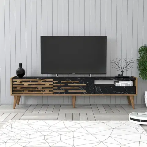 TV stolíky TV stolík Valensiya - Walnut, Black, Marble