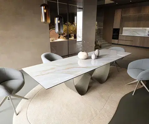 Jedálenské stoly DELIFE Jedálenský stôl Edge 300×100 cm keramika onyx perla nekonečno kov titánová farba