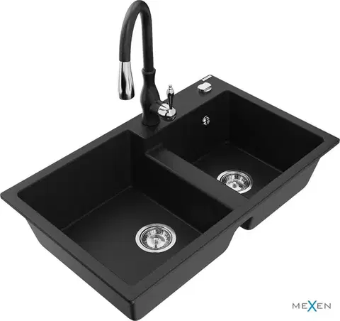Kuchynské drezy MEXEN/S MEXEN/S - Tomas granitový drez 2-bowl vrátane batérie Savita, čierna 6516-77-672601-70