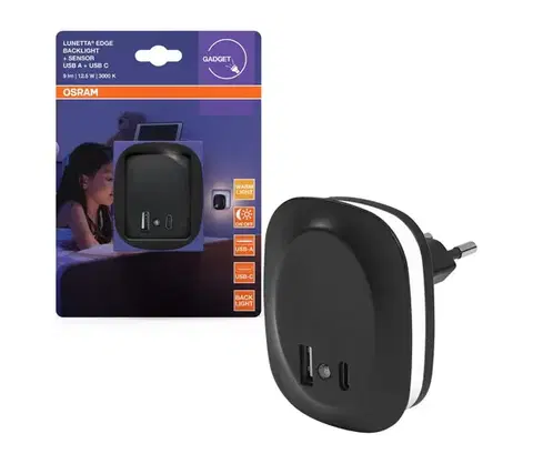Svietidlá Osram- LED Nočné svietidlo do zásuvky so senzorom a USB LUNETTA LED/12,5W/230V 4099854532078