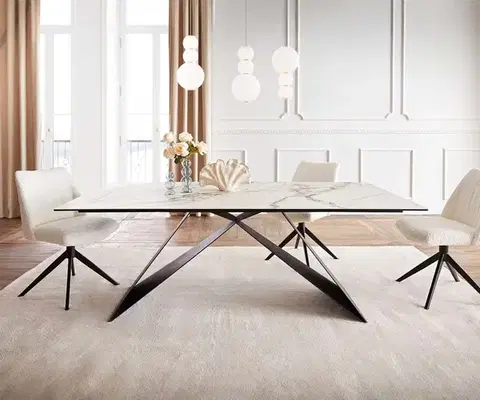 Jedálenské stoly DELIFE Jedálenský stôl Edge 200x100 keramika Calacatta Luxe bielo-zlato-šedá podstava v tvare V plochá oceľ čierna