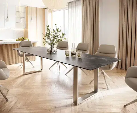Jedálenské stoly DELIFE Jedálenský stôl Edge 300x100 keramika Laminam® Noir Desir hnedá nerezová oceľ úzky